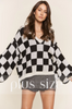 Plus Size Checkered Print V Neck Sweater Top - Black & White