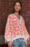 Plus Size Checkered Floral V Neck Sweater